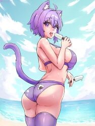 1girls ahoge beach bebatch bikini cat_ears cat_tail catgirl female food hololive hololive_gamers hololive_japan ice_cream legwear looking_back nekomata_okayu onigiri onigirya_(nekomata_okayu) popsicle purple_bikini purple_eyes purple_hair purple_legwear rear_view saliva_string seaside short_hair solo solo_female stockings sweat tail thighhighs tongue_out virtual_youtuber