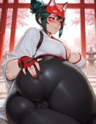 1girls ai_generated ass ass_focus ass_grab big_ass black_leggings blush cameltoe cleavage curvaceous curvy embarrassed female female_only grabbing_ass grabbing_own_ass green_hair kimono kiriko_(overwatch) large_ass large_breasts leggings looking_away on_side shy sogo spread_ass tagm thick_thighs through_clothes