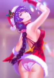 1girls arm_above_head arm_up armpit armpit_peek armpits ass ass ass_cleavage back bakemonogatari blue_eyes blue_eyes_female blurred_background blurry_background breasts busty busty_female busty_girl busty_teen butt_crack christmas christmas_clothing christmas_hat christmas_headwear christmas_outfit elbows eruart female female_focus female_only frilled_panties frilled_underwear hairless_armpits hand_above_head hand_up head_tilt high_resolution high_school_student highres lean_figure lips long_hair looking_at_viewer looking_back looking_back_at_viewer medium_breasts monogatari_(series) narrow_waist panties pink_panties pink_underwear purple_eyebrows purple_hair purple_hair_female school_girl senjougahara_hitagi shaved_armpits shoulders sideboob slender_body slender_waist slim_waist smile smiley_face smiling smiling_at_viewer smooth_armpits solo standing teen_girl teenage_girl teenager thick_thighs thighs tilted_head underwear upper_body wide_hips young_female young_woman