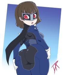artist_signature ass ass_focus back_muscles back_view big_ass black_outfit black_scarf blue_background blue_outfit brown_hair chibi chibi_style corset dalley_le_alpha female gloves gradient_background latex looking_back makoto_niijima mask minimalist_background pale_skin red_eyes scarf shoulder_length_hair skinsuit spikes surprised surprised_expression tagme thighs_together white_background white_gloves white_skin