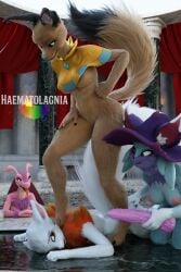 3d_(artwork) absurd_res anthro anubis_(pal) ass blue_body blue_fur bodily_fluids breasts brown_body brown_fur bullying butt_grab canid clothing digital_media_(artwork) dildo dominant dominant_female felid female forced fur group haematolagnia hand_on_butt hat headgear headwear hi_res katress lovander mammal nipples nude pal_(species) palworld pocketpair sex_toy stepped_on tail tears tongue tongue_out white_body white_fur wixen