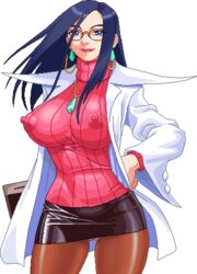 areola black_hair blue_eyes clothed clothing ear_piercing erect_nipples erect_nipples_under_clothes female female_only glasses hand_on_hip human jacket kyoko_minazuki large_breasts lipstick long_hair miniskirt necklace nipples pantyhose pantyshot pantyshot_(standing) puffy_nipples red_lipstick rival_schools skirt smile solo standing sweater tight_clothes transparent transparent_background turtleneck warnerc