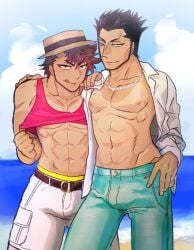 2015 2boys beach black_hair brown_hair hajime_no_ippo ib_(artist) male male_only open_shirt sawamura_ryuhei smug_face tagme takeshi_sendo tan_skin tank_top tanline