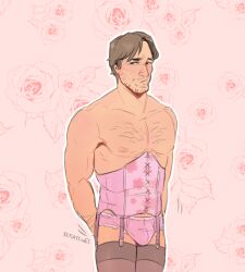 1boy arm_hair arthur_morgan beard_stubble blush body_hair breasts bulge bulge_through_clothing chest_hair cock color corset crossdressing facial_hair feminine_male fidgeting lingerie lingerie_only looking_down male male_breasts male_only male_with_breasts moobs naughtycr0c naughtycroc nervous nipples no_sex no_visible_genitalia panties pecs penis pink_lingerie red_dead_redemption_(series) red_dead_redemption_2 scratching submissive_male underwear