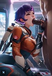 1boy 1girls :>= ai_generated ass big_ass big_breasts big_butt blizzard_entertainment breasts eye_contact eyelashes eyeshadow female freckles juno_(overwatch) kneeling light-skinned_female looking_at_viewer male overwatch overwatch_2 pale-skinned_female petite pornlandlord short_hair slim space spacesuit spiky_hair sweat