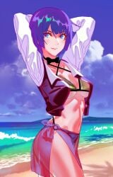1girls bakemonogatari beach belly belly_button bikini bikini_bottom bikini_top blue_eyes blue_eyes_female blue_sky breasts busty busty_female busty_girl busty_teen choker clouds coast day daylight daytime elbows eruart female female_focus female_only high_resolution highres horizon large_breasts lean_figure lips long_hair looking_at_viewer midriff monogatari_(series) narrow_waist navel ocean outdoor outdoors outside posing purple_eyebrows purple_hair purple_hair_female sand sea seaside senjougahara_hitagi sky slender_body slender_waist slim_waist solo standing string_bikini swimsuit swimwear thick_thighs thighs underboob upper_body