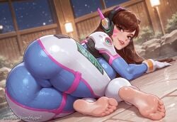 ai_generated alternate_version_at_source brown_hair d.va d.va_(overwatch_2_suit) feet female hypet lying_on_stomach medium_breasts on_side onsen overwatch overwatch_2 shiny shiny_skin tagme thick thick_ass thick_legs thick_thighs thighs video_game_character video_games wet wet_body young