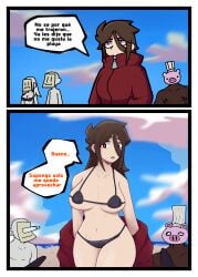 2boys 2girls autora_(autor) beach big_breasts big_thighs bikini brown_hair comic long_hair rule_torrr spanish_dialogue spanish_text