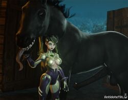 big_breasts black_horse blue_eyes female horse horse_venom_(marvel) horsecock huge_balls huge_cock long_penis marvel marvel_rivals peni_parker peni_parker_(marvel_rivals) standing tongue_out