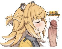 1boy animal_ears blonde_hair blowing_on_penis blush censored closed_eyes colored_inner_hair female grey_shirt highres jacket ju_fufu ketsu_juuji_killer_(kejuki) mosaic_censoring multicolored_hair penis shirt simple_background straight tiger_ears tiger_girl white_background white_hair yellow_jacket zenless_zone_zero