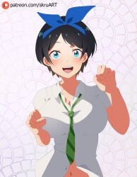 anime_girl anime_style big_breasts black_hair blue_eyes commission cute_face happy kanojo_okarishimasu manga patreon sarashina_ruka school_uniform schoolgirl skru white_background
