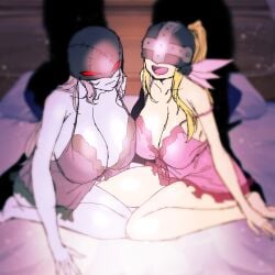 2girls angel angel_girl angewomon big_breasts breasts camisole demon demon_girl digimon digimon_adventure female female_only gerusyu huge_breasts ladydevimon large_breasts looking_at_viewer smile