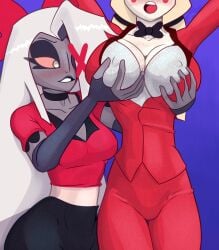 big_breasts blonde_female blonde_hair blush breast_grab charlie_morningstar charlie_morningstar_(hazbin_hotel) demon demon_girl evil_raccoon hazbin_hotel massive_breasts nipple_bulge vaggie vaggie_(hazbin_hotel) vivienne_medrano vivziepop white_hair yuri