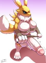 absurd_res anthro armwear armwear_only balls bandai_namco big_balls big_breasts big_penis black_sclera blue_eyes breasts canid clothed clothing dialogue digimon digimon_(species) dipstick_ears dipstick_tail ear_markings erection facial_markings fur furry futanari genitals gynomorph head_markings hi_res huge_balls huge_breasts huge_cock huge_thighs humanoid humanoid_genitalia humanoid_penis hyper hyper_balls hyper_genitalia hyper_penis intersex looking_at_viewer mammal markings mostly_nude mostly_nude_anthro mostly_nude_gynomorph mostly_nude_intersex multicolored_ears muscular muscular_anthro muscular_gynomorph muscular_intersex nipples penis renamon simple_background solo tail tail_markings thick_thighs tohilewd yellow_body yellow_fur