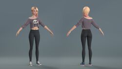 3d_(artwork) 3d_model asymmetrical_hair gwen_stacy gwendolyn_maxine_stacy model_sheet spider-gwen yellow_hair yoga_pants