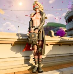 3d athletic_female blender fortnite haziest_mirage holding_bag joni_(fortnite) mask medium_breasts outdoors partially_clothed tinted_eyewear topless windy