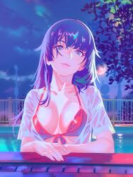 1girls bakemonogatari bikini bikini_top blue_eyes blue_eyes_female busty busty_female busty_girl busty_teen eruart halterneck head_tilt large_breasts monogatari_(series) night night_background night_sky night_time open_clothes open_clothing open_mouth open_mouth_smile open_shirt open_topwear outdoor outdoors outside parted_lips pool poolside purple_eyebrows purple_hair purple_hair_female senjougahara_hitagi shirt string_bikini swimsuit swimwear tilted_head tongue unbuttoned unbuttoned_shirt upper_teeth white_shirt white_topwear