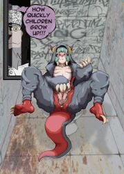 1boy 1girls bathroom brot_santa censored female gachiakuta guita_hebby_fantasia imminent_sex legs_open looking_at_another looking_up male mizuzuri no_bra no_panties open_legs partially_clothed pov sitting_on_toilet small_breasts text toilet