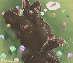 2025 anthro armpit_hair armwear balls belly big_balls big_belly big_ears big_penis bodily_fluids body_hair brown_balls brown_body brown_penis carrot chest_tuft clothing cum digital_media_(artwork) easter easter_bunny easter_egg ejaculation erection facial_piercing flower food genital_fluids genitals glistening glistening_body grass hand_behind_head hand_on_penis hi_res holidays lagomorph leporid lying lying_on_ground makeup male male/male mammal masturbation muscular nipples nose_piercing nude nude_male on_back on_ground open_mouth overweight overweight_male penis piercing pink_nipples plant pubes rabbit solo steam sweat thought_bubble tuft valisire vegetable vein veiny_penis