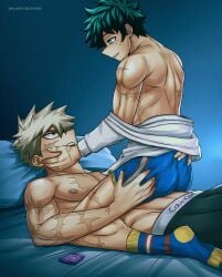 absurdres almirondraws back bakugou_katsuki bare_back bare_legs bed bedroom blonde_hair boku_no_hero_academia bones_(company) condom condom_wrapper freckles green_eyes green_hair highres izuku_midoriya katsuki_bakugou legs lying messy_hair midoriya_izuku my_hero_academia on_bed pillow red_eyes riding scar scar_on_arm scar_on_chest scar_on_leg shounen_jump socks spiked_hair underwear yaoi