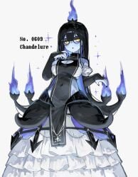 1girls 2025 black_hair blue_skin chandelure clothing english_text female female_only generation_5_pokemon glasses hi_res humanoid long_hair looking_at_viewer nintendo pokemon pokemon_(species) pokemorph round_glasses solo text toge77789 togetoge white_background yellow_eyes