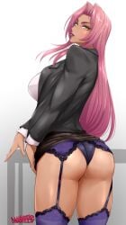 2021 artist_name ass black_panties blouse breasts clothes_lift dark-skinned_female dark_skin female female_focus from_behind garter_belt garter_straps grey_background hair_intakes ingrid_(taimanin_asagi) lace lace-trimmed_legwear lace_trim large_breasts lips lipstick long_hair looking_at_viewer looking_back looking_back_at_viewer makai_kishi_ingrid makeup mole mole_under_mouth nofuture office_lady panties pink_hair purple_lips purple_lipstick purple_thighhighs rear_view shirt simple_background skirt skirt_lift smiling smiling_at_viewer solo stockings taimanin_(series) taimanin_murasaki thick_thighs thighhighs underwear very_high_resolution very_long_hair white_shirt yellow_eyes