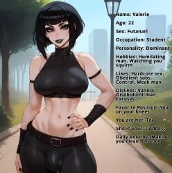 1futa 1futanari ai_generated armwarmer ass bangs belly belly_button belt big_ass big_belt big_breasts big_butt big_hips big_penis black_eyebrows black_eyelashes black_eyeliner black_eyes black_eyeshadow black_hair black_lip black_lips black_lipstick black_pants black_shirt breasts bulge bulge_through_clothing bulge_under_clothes character_request character_sheet cleavage dick dickgirl eyebrows eyelashes eyeliner eyes eyeshadow fishnet fishnet_arm_warmers fishnet_armwear fishnet_gloves fishnets futa_focus futa_only futanari goth goth_futa goth_futanari goth_girl gothic gothic_girl grin grinning grinning_at_viewer hair hands-free huge_cock indoors latex_clothing latex_pants lips lipstick long_hair looking_at_viewer makeup medium_breasts medium_hair medium_penis midriff mouth narrow_waist narrowed_eyes navel navel_line nose original original_character pants pants_bulge penis sadism seducing seductive seductive_eyes seductive_gaze seductive_look seductive_mouth seductive_pose seductive_smile shirt short_hair smile smile_at_viewer smiley_face smooth_balls smooth_penis smooth_skin solo solo_dickgirl solo_focus solo_futa solo_futanari tank_top testicles top_wear topwear valerie_(velarin) velarin