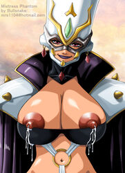 angel_blade areola areola_slip bra breasts bullsnake cape cleavage excessive_milk female huge_areolae huge_breasts huge_nipples lactation lips looking_at_viewer maina_shinguuji milf milk mutant nipple_slip nipples phantom_lady pose purple_lipstick red_eyes smile solo