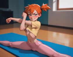 ai_generated areolae_peeking eraofsin flat_chest grool kasumi_(pokemon) kasumi_(pokemon) pokemon puffy_nipples red_hair redhead_female small_breasts smirk splits stretching underboob wet_spot yoga yoga_pants