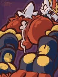 3:4 3_toes anthro anus ass balls big_butt big_ears bodily_fluids cinderace cum cum_drip cum_in_ass cum_inside cum_leaking_out cum_on_balls dripping eyelashes feet fluffy fluffy_butt fluffy_tail foot_fetish foot_focus generation_8_pokemon genital_fluids genitals glistening glistening_body glistening_butt glistening_genitalia grin hi_res hindpaw judasthesinner lagomorph leaking_cum leporid male mammal nintendo pawpads paws pink_anus pokemon pokemon_(species) presenting presenting_anus presenting_hindquarters rabbit red_eyes simple_background smile smiling_at_viewer solo solo_focus tail thick_eyelashes thick_thighs toes wide_hips
