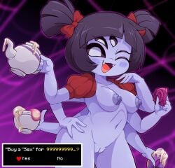 5_eyes breasts breasts_out condom cum dialogue_box donut drawmatt fangs female food looking_at_viewer monster_girl muffet naked naked_female pussy pussy_out sex_mentioned spider_girl spider_web teacup teapot undertale undertale_(series)