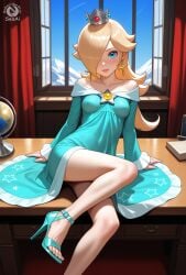 1girls ai_generated dress feet high_heels knee_up light_smile looking_at_viewer mario_(series) nail_polish parted_lips rosalina seacreator sitting sitting_on_table skinny solo subscribestar subscribestar_logo subscribestar_username super_mario_galaxy toenail_polish toenails toes