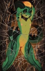 2024 absurd_res andromorph anthro areola artist_name biped black_eyelids black_sclera blonde_hair colored drunkrussianman ear_piercing front_view genitals green_body green_scales hair half-closed_eyes hands_behind_head hi_res humanoid_vulva intersex long_tail looking_at_viewer narrowed_eyes navel nipples non-mammal_nipples nude_andromorph nude_anthro open_mouth piercing pink_areola pink_nipples pinup portrait pose raised_arms scales scalie shaded short_hair small_waist solo spider_web spiked_tail spikes spikes_(anatomy) stuck tail teeth text thick_thighs three-quarter_portrait vulva wide_hips yellow_eyes