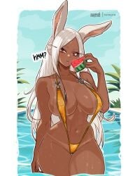 :t abs animal_ear_fluff animal_ears areola_slip ass_visible_through_thighs bikini_tan boku_no_hero_academia breasts closed_mouth covered_nipples cowboy_shot dark-skinned_female dark_skin datli64 eating female food fruit full_mouth gold_slingshot_swimsuit highres holding holding_food holding_fruit large_breasts long_eyelashes long_hair looking_at_viewer miruko muscular muscular_female navel parted_bangs patreon_username rabbit_ears rabbit_girl red_eyes rumi_usagiyama short_eyebrows slingshot_swimsuit solo standing swimsuit tan tanlines very_long_hair wading water water_drop watermelon watermelon_slice wet white_hair