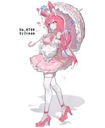 1girls 2025 blue_sclera blush dress eeveelution english_text female female_only generation_6_pokemon heels hi_res humanoid long_hair looking_at_viewer nintendo pink_hair pokemon pokemon_(species) pokemorph smiling smiling_at_viewer solo sylveon text thighhighs toge77789 togetoge umbrella very_high_resolution white_background white_eyes white_thighhighs