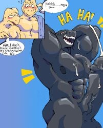 anthro bicep_curl blush bodily_fluids bullet_bill cum excessive_cum excessive_genital_fluids flexing genital_fluids genitals group gruffmutts hi_res hyper hyper_genitalia koopa koopa_troopa laugh male mario_bros muscular muscular_male nintendo penis reptile scalie trio turtle vein veiny_penis