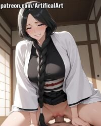1boy 1girls ai_generated artifical_art big_breasts black_hair bleach bleach:_the_thousand-year_blood_war blush braid braided_hair clitoris cowgirl_position curvaceous_female curvaceous_figure female haori japanese_clothes kimono light-skin light-skinned_female long_hair male mature mature_female milf penis penis_in_pussy perfect_body purple_eyes pussy pussy_juice riding riding_penis sex spread_legs unohana_retsu vaginal_penetration vaginal_sex voluptuous_female