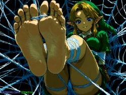 ai_generated barefoot captured elf elf_ears feet foot_fetish foot_focus gigatsu link nintendo pixel_art pointy_ears soles spider_web the_legend_of_zelda toes