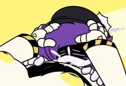 1dickgirl 1futa 1girls blowjob blush cum cum_in_mouth cum_inside face_fucking fellatio glitch_productions hand_on_head j_(murder_drones) murder_drones purple_eyes purple_hair robot robot_girl robot_humanoid screen_face superbharm0ny trans_woman transfem uzi_(murder_drones) yellow_nipples