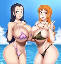 2girls asymmetrical_docking bikini black_hair blue_eyes blush breast_press breasts cleavage highleg highleg_bikini highres huge_breasts lips long_hair micro_bikini multiple_girls nami_(one_piece) nico_robin o-ring o-ring_bikini one_piece open_mouth orange_eyes orange_hair shiny_skin skindentation smile swimsuit twrlare v water