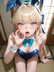 1girls ai_generated artist_name asuma_toki before_oral before_sex big_breasts bigz_ai blonde_hair blue_archive blue_eyes bodysuit bunny_costume bunny_ears bunny_girl bunny_tail bunnysuit curvy curvy_female dat_ass fellatio_gesture female female_only grabbing grabbing_ass japanese_house large_breasts light-skinned_female light_skin long_hair looking_at_viewer medium_breasts open_mouth shiny shiny_skin teasing uncensored waiting_for_sex