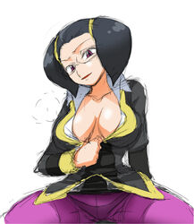 1girls black_hair breasts glasses human large_breasts open_clothes open_shirt pokemon pokemon—zoroark:_master_of_illusion pokemon_(movie) purple_eyes rioka rioka_(pokemon) rowena_(pokemon) shirt