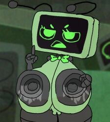 1girls after_nipple_penetration animate_inanimate annoyed annoyed_expression antennae_(anatomy) areolae ass big_ass big_breasts black_body bow breasts cum_in_nipples cum_on_breasts dandy's_world detailed_background draconic_devilz female gaping gaping_nipples green_body green_eyes huge_breasts huge_nipples huge_thighs hyper_breasts hyper_nipples looking_at_viewer nipples object_head open_mouth roblox roblox_game robot robot_girl screen_face self_upload solo solo_female tagme television vee_(dandy's_world)
