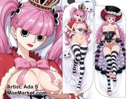 black_eyes breast_out clothes_pull dakimakura looking_at_viewer one_piece perona pink_hair pussy thighhighs