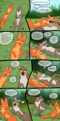 1:2 animal_genitalia anus balls canid canine canis comic dialogue diane_foxington dreamworks duo english_text female feral feralized fox fully_sheathed genitals hi_res lying male mammal mr._wolf_(the_bad_guys) nude on_back pregnant sheath speech_bubble text the_bad_guys wolf wusli