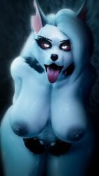 3d_(artwork) 4k 9:16 absurd_res anatoly_var anthro big_breasts black_clothing black_gloves black_handwear bodily_fluids breasts canid canid_demon canine clothing dark_nipples demon digital_media_(artwork) female fingerless_gloves fur glistening glistening_body gloves hair handwear hellhound helluva_boss hi_res high-angle_view huge_breasts long_hair looking_at_viewer loona_(helluva_boss) mammal mostly_nude mostly_nude_anthro mostly_nude_female mythological_canine mythological_creature mythology pupils saliva saliva_on_tongue saliva_string slit_pupils solo thick_thighs tongue tongue_out white_body white_fur