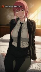 ai_generated bed bedroom black_jacket black_necktie black_pants black_suit blush braid braided_ponytail breasts business_suitmakima_(chainsaw_man) chainsaw_man collared_shirt female formal indoors jacket lamp large_breasts long_hair long_sleeves looking_at_viewer makima_(chainsaw_man) meitabuu necktie on_bed open_clothes open_jacket pants parted_lips pillow red_hair ringed_eyes shirt shirt_tucked_in sideboob sidelocks sitting smile solo suit white_shirt yellow_eyes