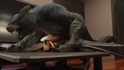 16:9 3d_(artwork) 4_toes 4k 5_fingers absurd_res anthro apartment beak bent_over_table black_beak black_body black_claws black_fur black_scales black_table black_tail canid canine capcom claws countershading digital_media_(artwork) dipstick_tail doggy_style door doorway duo electronics eyelashes feet female female_anthro female_on_feral feral fingers floor flying_wyvern fox from_behind_position fur furniture hi_res inner_ear_fluff inside larger_feral larger_male looking_at_another looking_at_partner male male_feral mammal markings monster_hunter nargacuga open_mouth penetration pupils purple_carpet raised_tail red_body red_fur red_tail scales scuted_arms scutes sex size_difference slit_pupils smaller_anthro smaller_female table table_sex tail tail_markings teeth television toes tuft white_body white_countershading white_fur white_inner_ear_fluff widescreen winged_arms wings wood wood_floor yellow_sclera