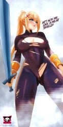 blonde_hair blue_eyes cameltoe catsuit darkness_(konosuba) highres holding holding_sword holding_weapon kono_subarashii_sekai_ni_shukufuku_wo! muscular nipples paladin ponytail pussy spread_legs sword themaker tight_clothes torn_clothes turtleneck weapon