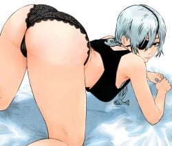 1girls all_fours ass_focus bed black_eyes black_panties chainsaw_man eyepatch female isuke_now long_hair looking_back panties partially_clothed ponytail quanxi_(chainsaw_man) rear_view solo solo_female tank_top white_hair